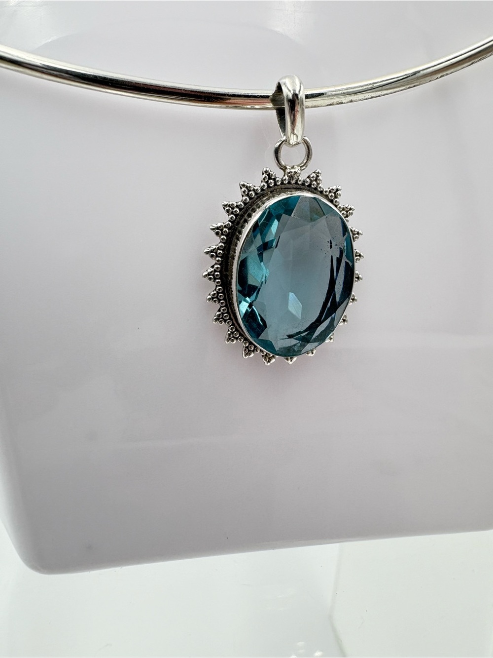 925 Silver 8 Ct Faceted Swiss Blue Topaz Oval Gemstone Pendant (Pendant Only)
